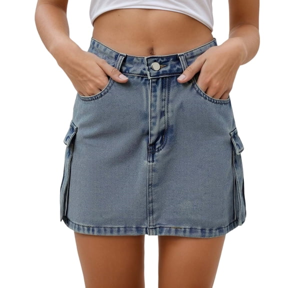 Fgnfyis Women's Straight Denim Skirt with Pockets Casual A-line Mini Skirt for Daily Wear Outfit Spring Summer Fall Fashion Utility Style Light Blue S