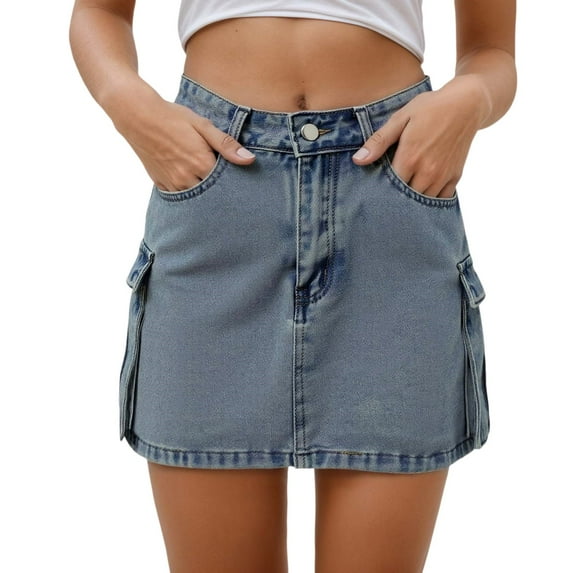 Fgnfyis Women's Straight Denim Skirt with Pockets Casual A-line Mini Skirt for Daily Wear Outfit Spring Summer Fall Fashion Utility Style Light Blue XL