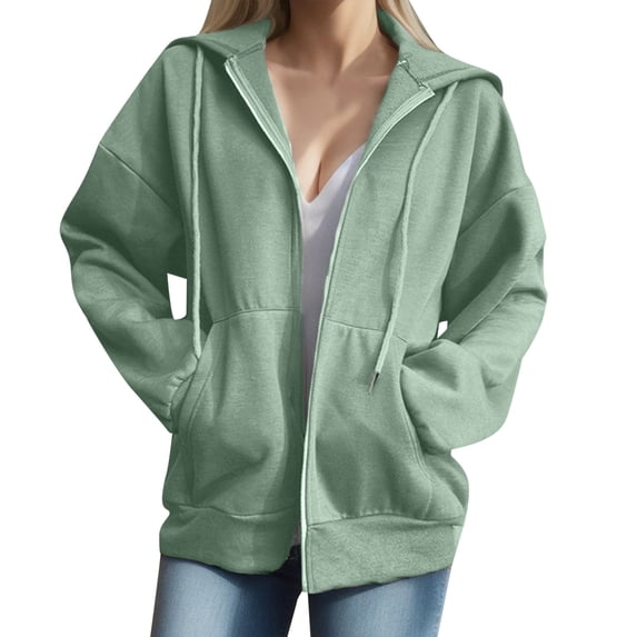 Fgnfyis Women's Street Long Sleeve Hooded Coat Sweatshirt Zip Up Solid Color Casual Warm Outerwear Green XXL