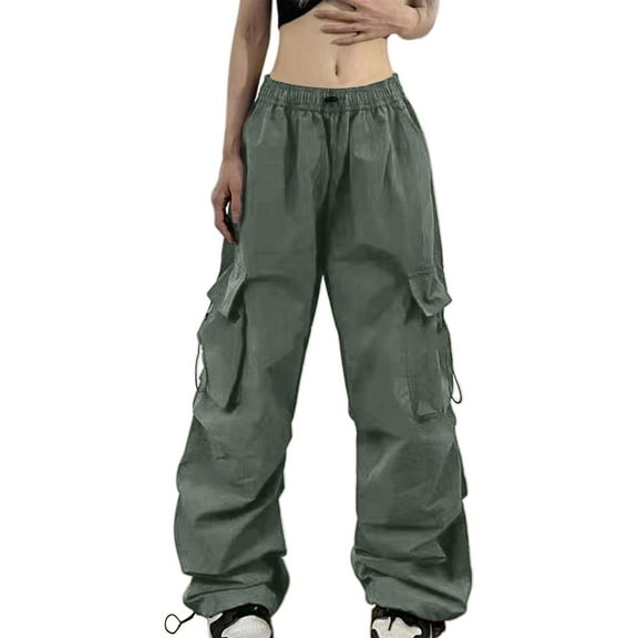 Fgnfyis Women's Summer Cargo Parachute Pants Loose Fit Pocket Street Style Parachute Pants for Women Green XL