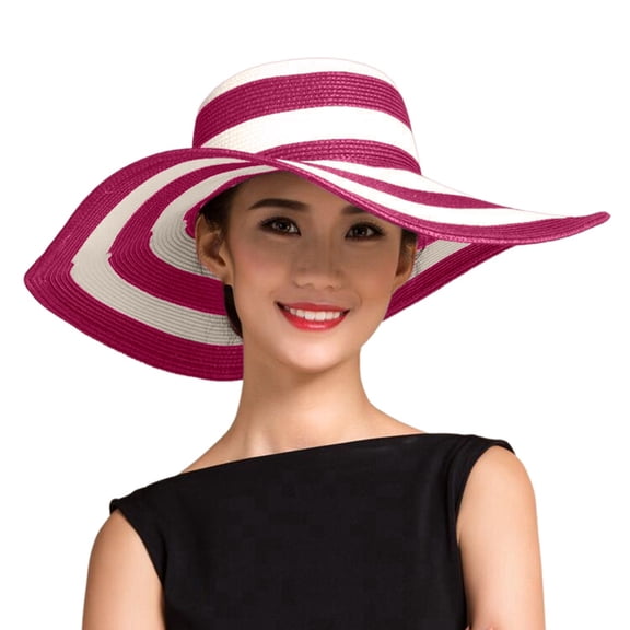Fgnfyis Women's Summer Wide Brim Straw Sun Hat Floppy Beach Cap with Striped Design for Outdoor Travel Hot Pink One Size