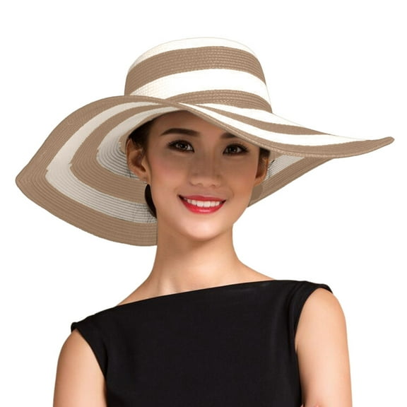 Fgnfyis Women's Summer Wide Brim Straw Sun Hat Floppy Beach Cap with Striped Design for Outdoor Travel Khaki One Size