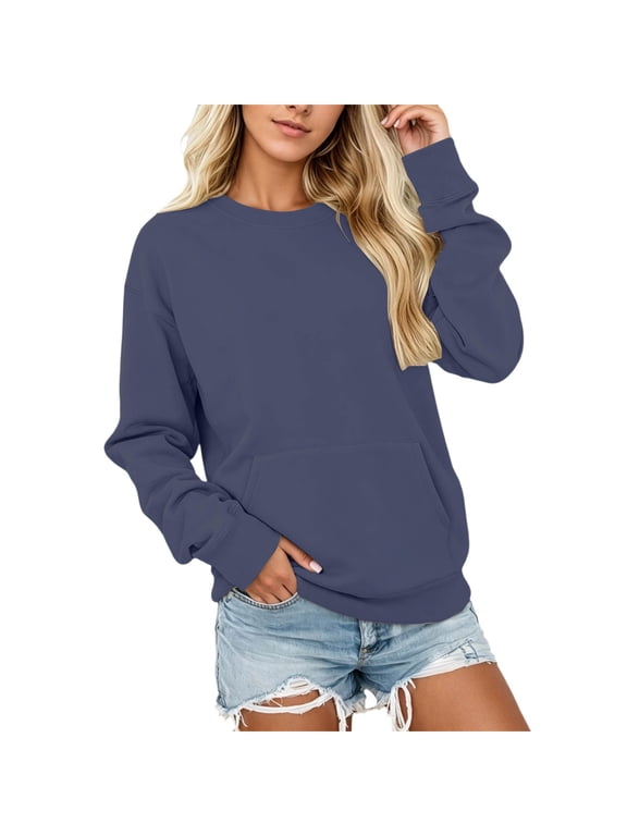 Women's Sweatshirts Pocketed Hoodless Long Sleeve Pullover Soft Thermal Relaxed Fit Everyday Womens Crewneck Sweatshirt