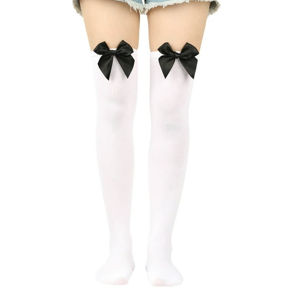 Fgnfyis Women's Thigh High Socks Bowknot Pure Color Over The Knee Long Socks for Festival Christmas Comfortable and Warm White