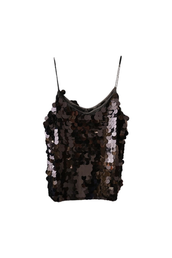 Women's Tops V Neck Carnival Fish Scale Sequined Tank Top Shiny Spaghetti Strap Vest Womens Tank Tops Black One Size