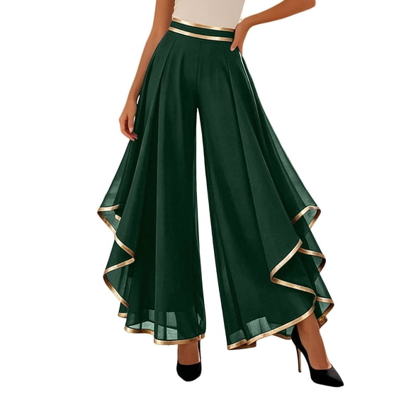 Fgnfyis Women's Wide Leg Pants Elegant High Waist Layered Chiffon Spliced Piping Casual Trousers Womens Palazzo Pants Green XXXL