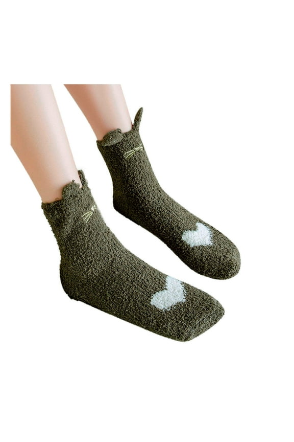 Women's Winter Soft Embroidery Fuzzy Socks for Women Thick Warm Cartoon Home Slipper Socks Cat Design Green