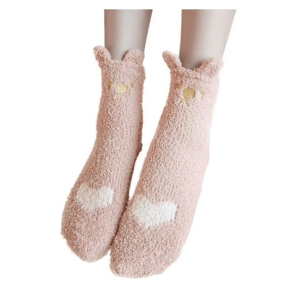 Fgnfyis Women's Winter Soft Embroidery Fuzzy Socks for Women Thick Warm Cartoon Home Slipper Socks Cat Design Pink