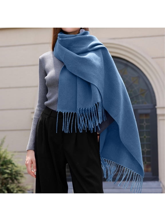 Women's Winter Solid Color Tassel Shawl Imitation Wool Warm Scarf Elegant and Fashion Accessory for Winter Light Blue