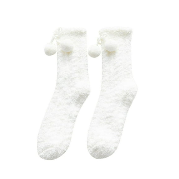 Fgnfyis Women's Winter Warm Fuzzy Socks with Pom-Poms Soft Coral Sleeping Socks Slipper Socks Socks for Women Cozy and Non- for Home White