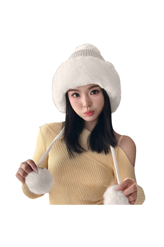 Women's Winter Warm Knit Ushanka Trapper Hat with Ear Cover Winter Hats for Women White