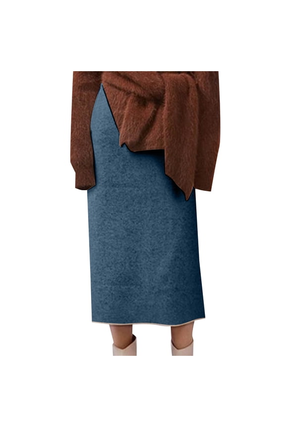 Women's Winter Wool Skirt Mid Length Woolen Skirt Thick Skirt Retro High Waist Bodycon Midi A-line Skirt Navy L