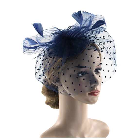 Fgnfyis Women with Polka and Feathers Mesh Headpiece for Retro Style Events and Mysterious Navy
