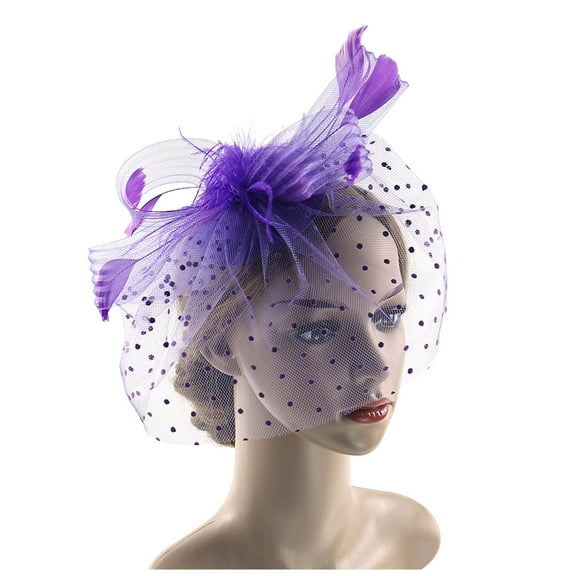 Fgnfyis Women with Polka and Feathers Mesh Headpiece for Retro Style Events and Mysterious Purple