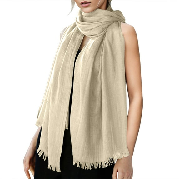Fgnfyis Women's Solid Color Linen Scarf for All Season Beach Strip Scarf Lightweight and Breathable for Sun Protection Beige