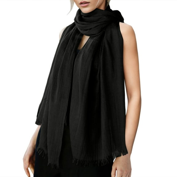 Fgnfyis Women's Solid Color Linen Scarf for All Season Beach Strip Scarf Lightweight and Breathable for Sun Protection Black