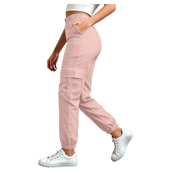 Fgnfyis Womens Cargo Pants High Waisted Casual Flat Front Pockets Elastic Everyday Comfort Cargo Trousers Women Pants Pink M