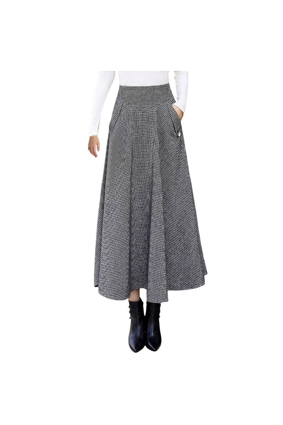 Womens Fall Winter High Waist Plaid Slim A-line Long Skirt Wool Skirt Midi Length Pleated Black M