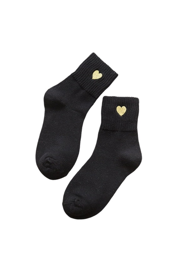 Womens Fashion Solid Gold Short Socks for Women Embroidered Mid Calf Socks Cute Heart Design Black