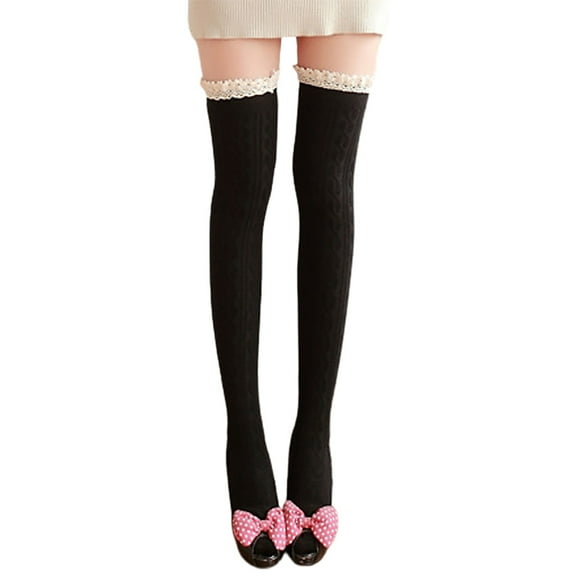 Fgnfyis Womens High Socks Opaque Lace Thigh High Stockings Crochet Pattern with Lace Trim Knee High Socks for Girls Black One Size