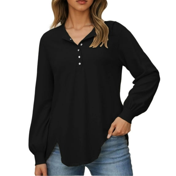 Fgnfyis Womens Hoodie Casual Crewneck Button Down Long Sleeve Pullover Sweatshirt Top Soft Comfortable Knit Blouse for Everyday Black S