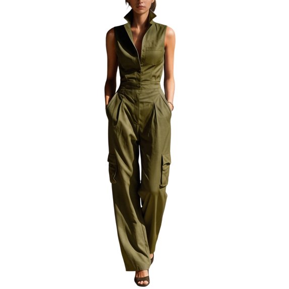 Fgnfyis Womens Jumpsuit Casual Button Down Sleeveless Stand Collar Loose Fit Summer Piece Womens Rompers Green M