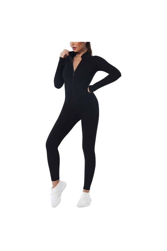 Womens Jumpsuit Custom Sports Turtle Neck Solid Color Bodysuit Long Sleeve Half Zip Piece Womens Jumpsuits Black L
