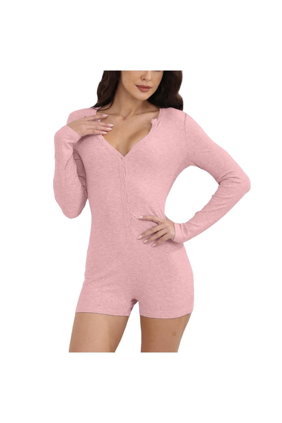 Womens Jumpsuit Spring V Neck Short Sleeve Short Romper Pajama Gym Piece Rompers for Women Pink S