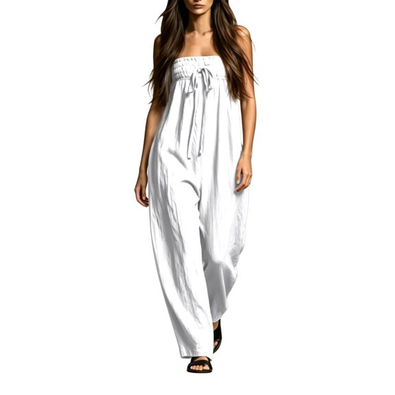 Fgnfyis Womens Jumpsuit Wide Leg Summer Casual Flowy Bodysuit Beach Piece Womens Rompers White S