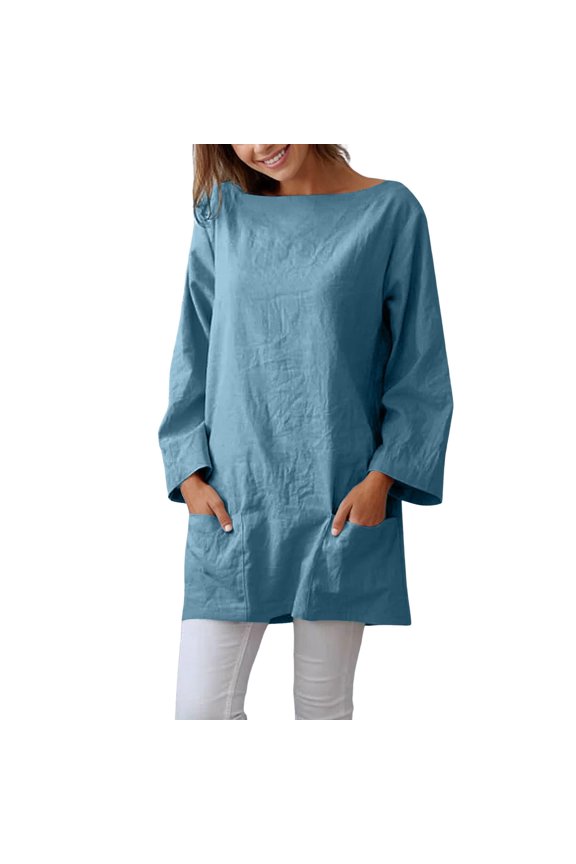 Womens Long Sleeve Tops Casual Boat Neck Loose Solid Tunic Blouse with Pockets T Shirts for Women Light Blue S