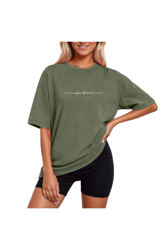 Womens Long Sleeve Tops Washed Oversized Drop Shoulder Casual Tee Soft Relaxed Fit Crew Neck T Shirts for Women Army Green L