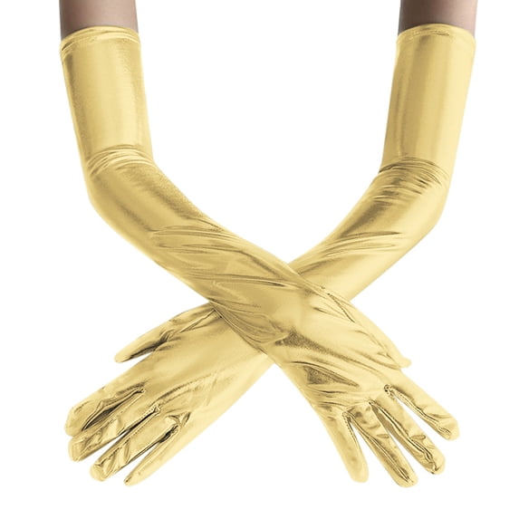 Fgnfyis Womens Long Stretchy Shiny PU Leather Gloves for Women Party Formal Event Evening Accessories Gold