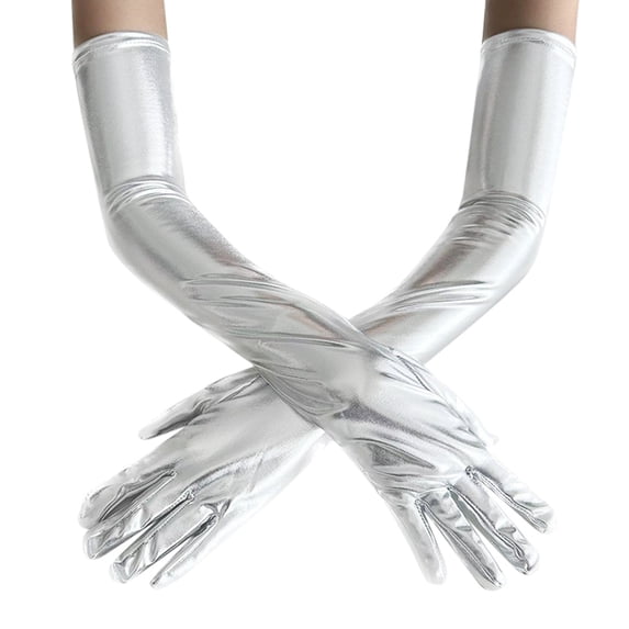 Fgnfyis Womens Long Stretchy Shiny PU Leather Gloves for Women Party Formal Event Evening Accessories Silver