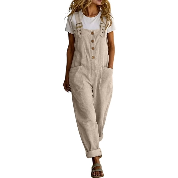 Fgnfyis Womens Overalls Summer Solid Color Pocket Straight Leg Jumpsuit Casual Loose Fit Piece Rompers for Women Beige XL