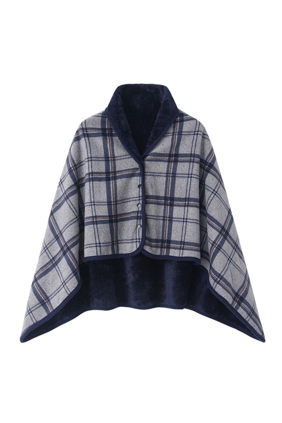 Womens Plaid Poncho Cape Wrap Wool Blend Wearable Blanket Soft Flannel Shawl for Fall Winter Grey