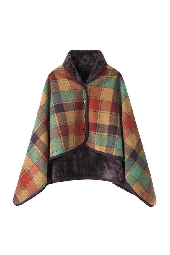 Womens Plaid Poncho Cape Wrap Wool Blend Wearable Blanket Soft Flannel Shawl for Fall Winter Multicolour