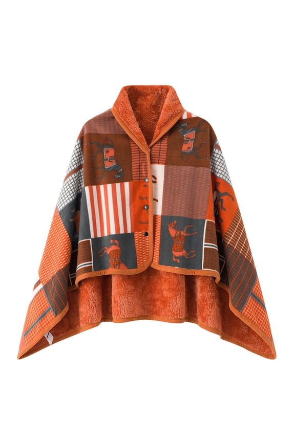 Womens Plaid Poncho Cape Wrap Wool Blend Wearable Blanket Soft Flannel Shawl for Fall Winter Orange