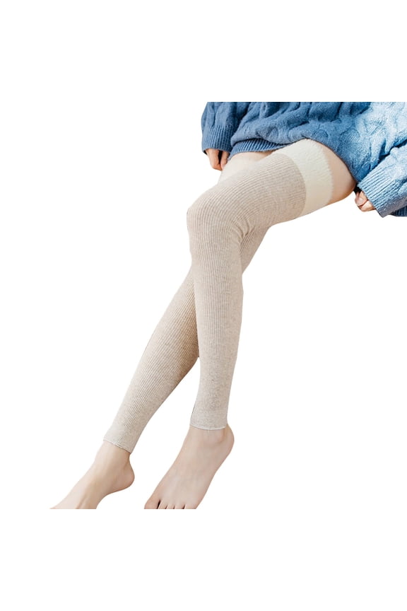 Womens Rabbit Wool Knee High Stockings Long Socks Patchwork Yoga Socks Warm Leg Protectors Knitted Long Socks Beige