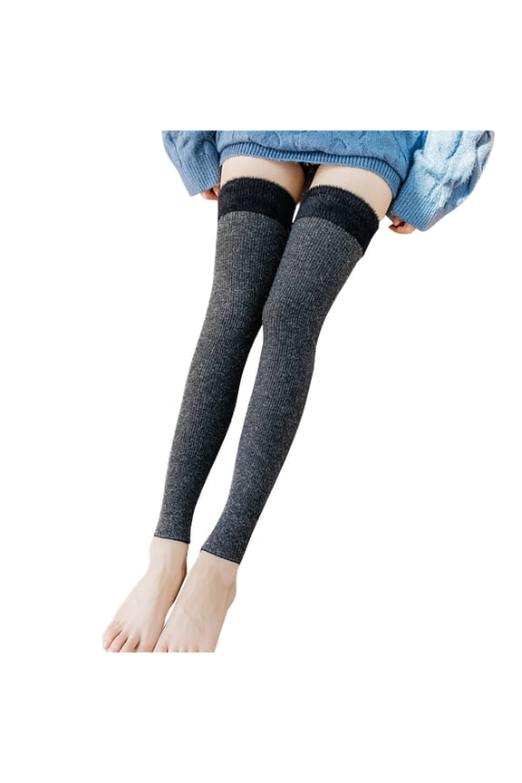 Womens Rabbit Wool Knee High Stockings Long Socks Patchwork Yoga Socks Warm Leg Protectors Knitted Long Socks Dark Gray