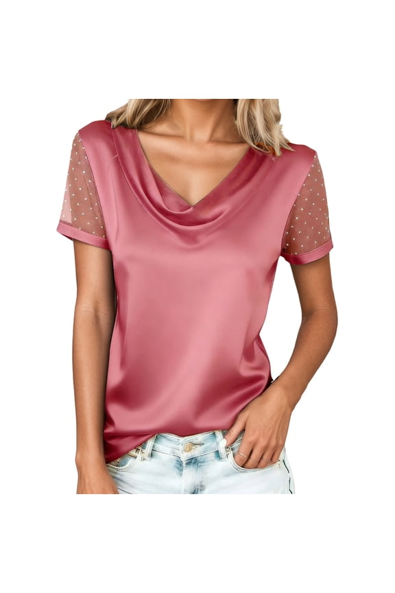 Womens Short Sleeve Tops Solid Color Mesh Rhinestone Draped Neckline Puff Short Sleeve T Shirt Elegant Casual Blouse Top for Daily Wear T Shirts for Women Pink S
