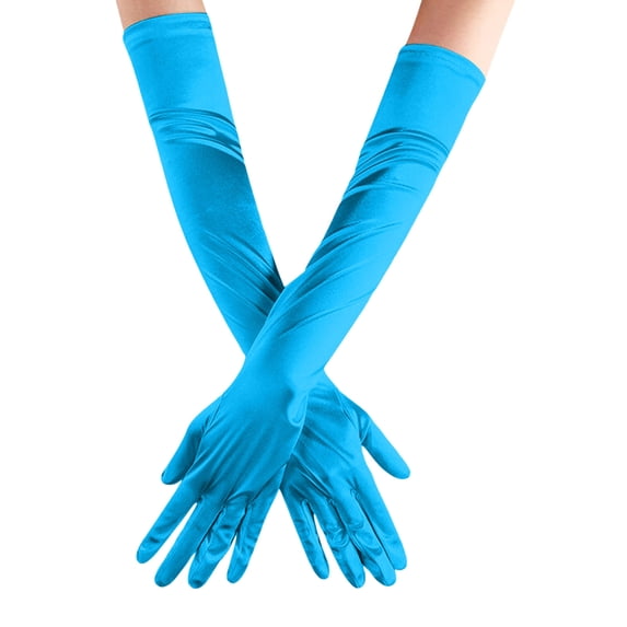 Fgnfyis Womens Solid Color Satin Wedding Photo Party Bridal Evening Carnival Long Gloves for Women Accessories Blue