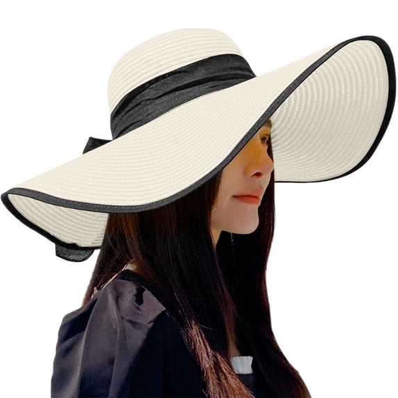 Fgnfyis Womens Summer Beach Sun Hat with Wide Brim Foldable Floppy Straw Design for Sun Beige One Size