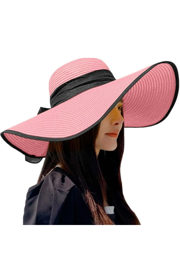 Womens Summer Beach Sun Hat with Wide Brim Foldable Floppy Straw Design for Sun Pink One Size
