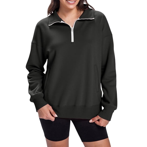 Fgnfyis Womens Sweatshirts Half Zip Pullover Cropped Comfort Fall Loose Outfits Fashion Long Sleeve Hoodless Black S