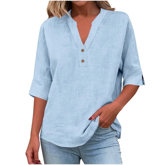 Fgnfyis Womens T Shirts Casual Button Down V Neck Blend Short Sleeve Blouse Loose Fit Tunic Summer Womens Tops Sky Blue XXL