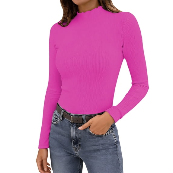 Fgnfyis Womens T Shirts Casual Fashion Semi Turtleneck Slim Fit Basic Ribbed Knit Long Sleeve Top Everyday Wear Layering Womens Long Sleeve Tops Hot Pink XL