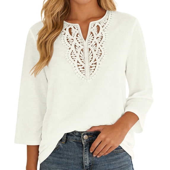 Fgnfyis Womens T Shirts Lace Trim Loose Fit Casual Solid Color Three Quarter Sleeve Blouse Top Everyday Comfort Style Womens Tops Beige L