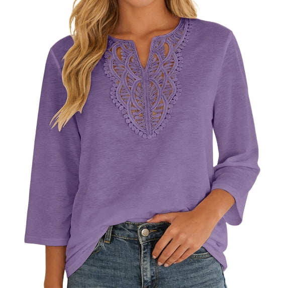 Fgnfyis Womens T Shirts Lace Loose Fit Casual Solid Color Three Quarter Sleeve Blouse Top Everyday Comfort Style Womens Tops Purple XXL