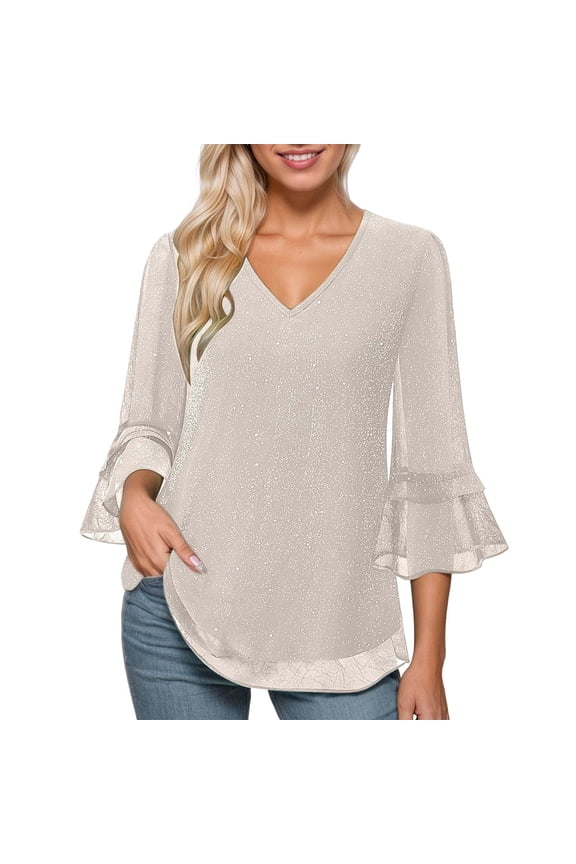 Womens T Shirts Pleated Three Quarter Sleeve Glitter Corset Top Sequined V Neck Elegant Fashionable Womens Tops White M