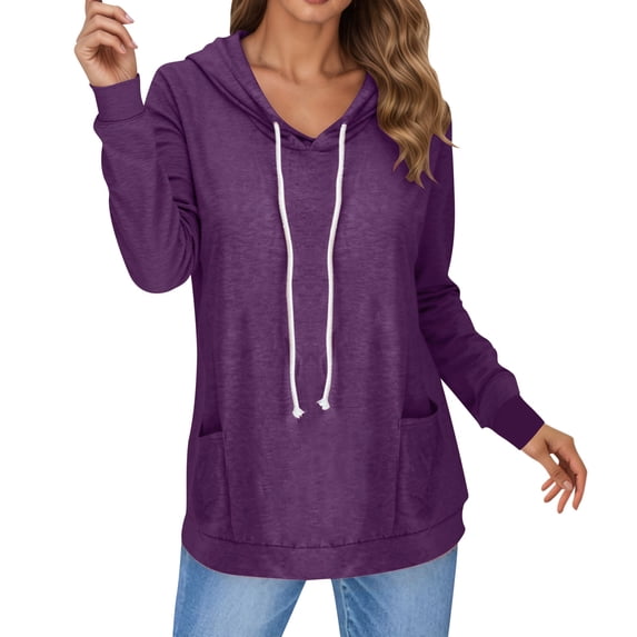 Fgnfyis Womens T Shirts Women Casual Solid Color Hooded Long Sleeve Drawstring Pocket Comfortable Loose Fit Pullover Top Everyday Wear Womens Long Sleeve Tops Dark Purple S